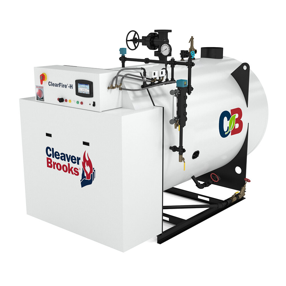 A white Cleaver-Brooks ClearFire-H modular boiler with an integrated digital control panel and black piping.